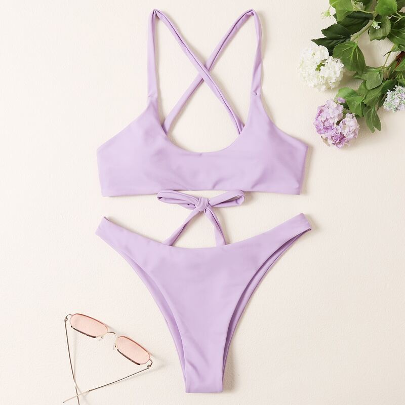

Solid Lace Up High Cut Bikini Swimsuit, Lilac purple