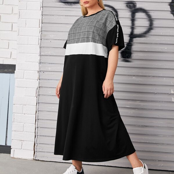 

Plus Letter Tape Side Houndstooth Panel Dress, Black and white