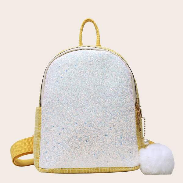 

Pom-pom Charm Two Tone Woven Backpack, Yellow