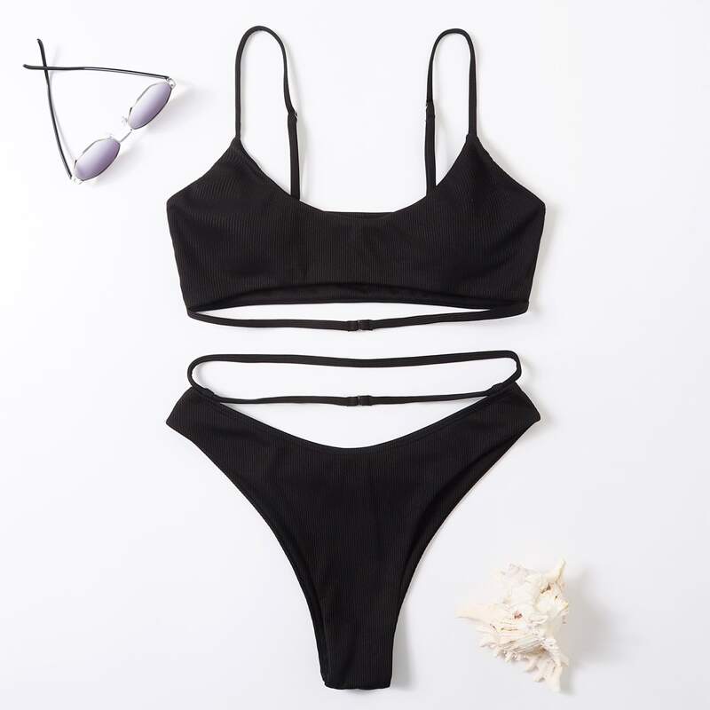 

Solid Cut Out High Cut Bikini Swimsuit, Black