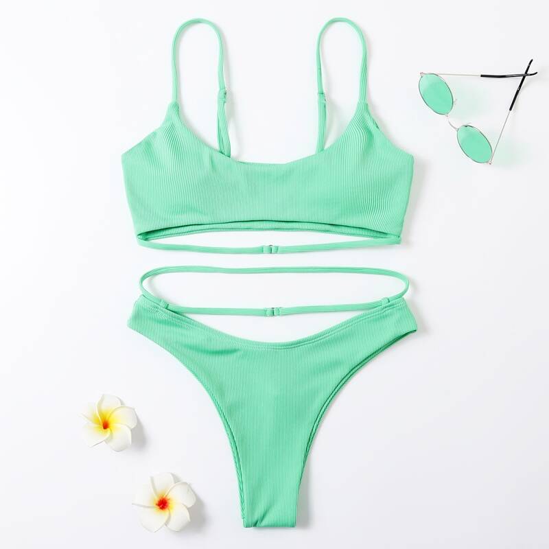 

Solid Cut Out High Cut Bikini Swimsuit, Mint green