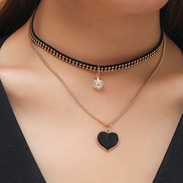 

Heart Charm Layered Necklace, Black