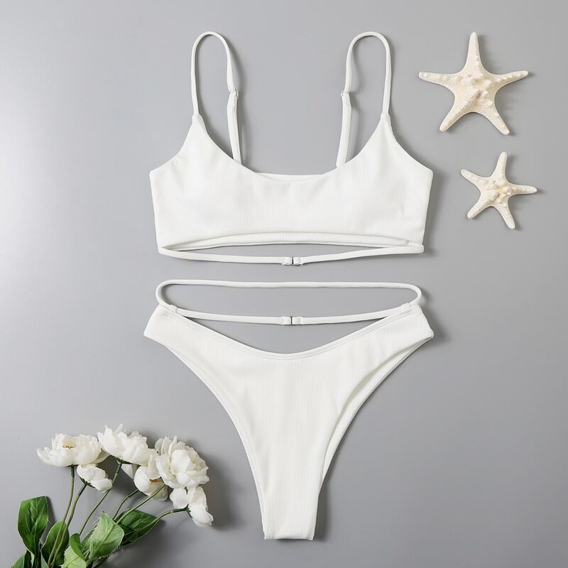 

Solid Cut Out High Cut Bikini Swimsuit, White
