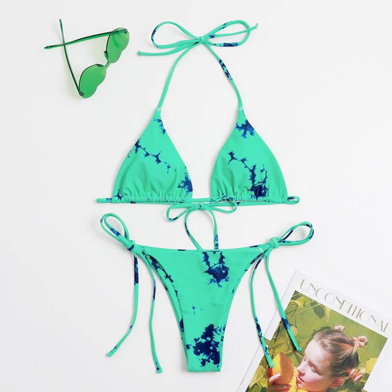 

Tie Dye Halter Tie Side Bikini Swimsuit, Green