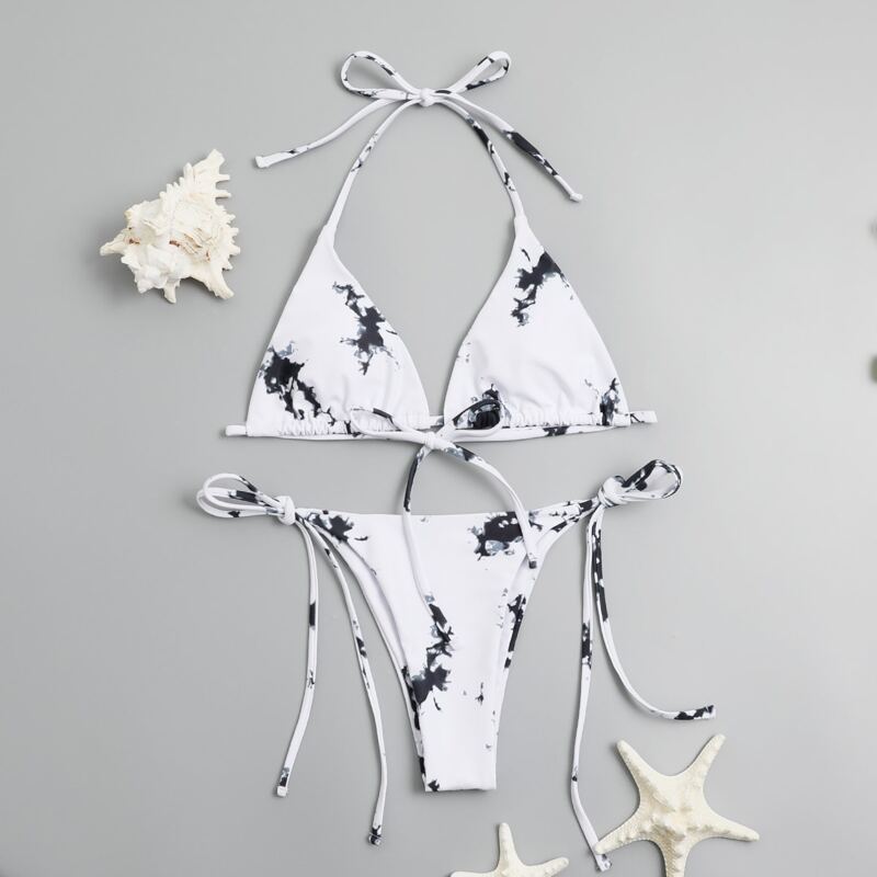 

Tie Dye Halter Tie Side Bikini Swimsuit, Black and white