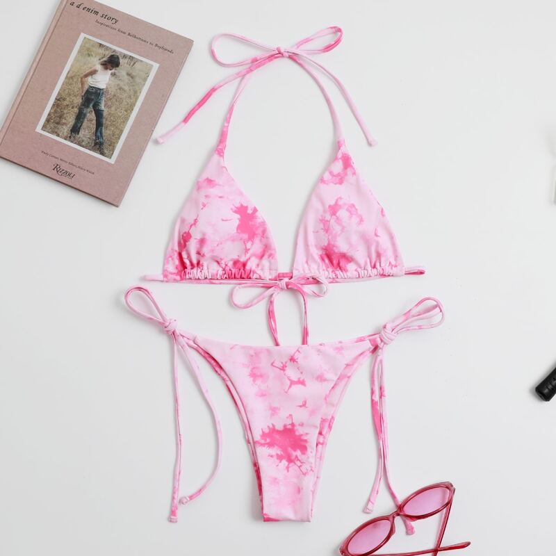 

Tie Dye Halter Tie Side Bikini Swimsuit, Pink