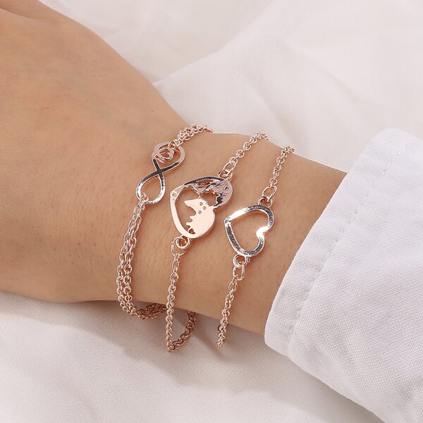 

3pcs Hollow Out Heart Decor Chain Bracelet, Rose gold