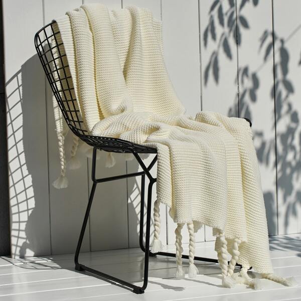 

Plain Tassel Decor Knitted Throw, White
