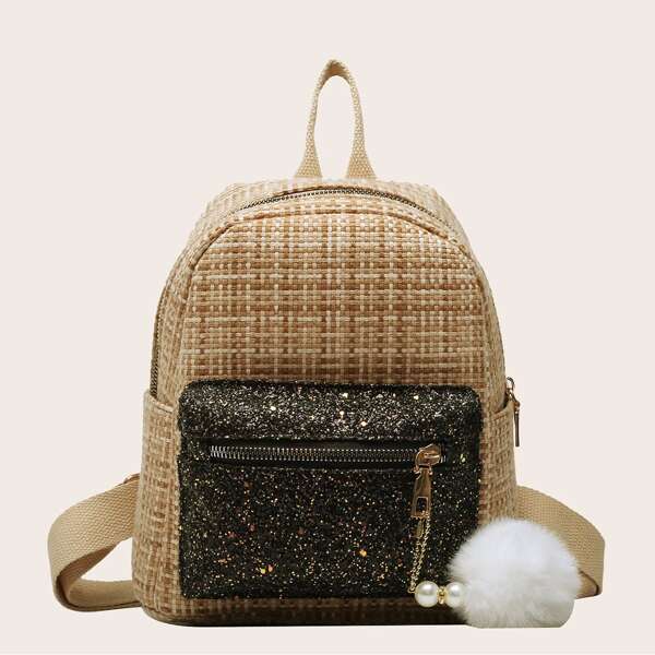 

Glitter Detail Pocket Front Woven Backpack, Khaki