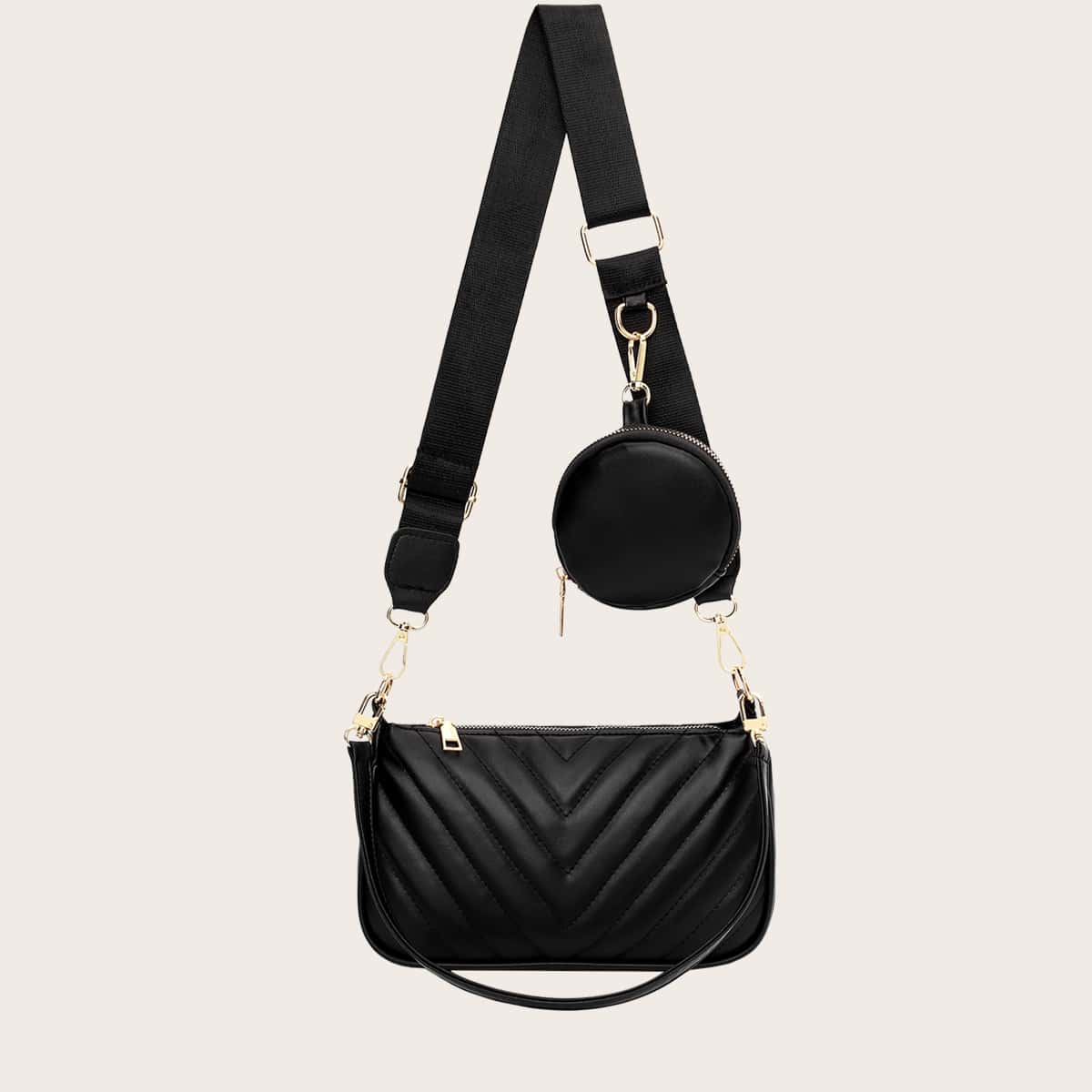 

Chevron Shoulder Bag With Pocket, Black