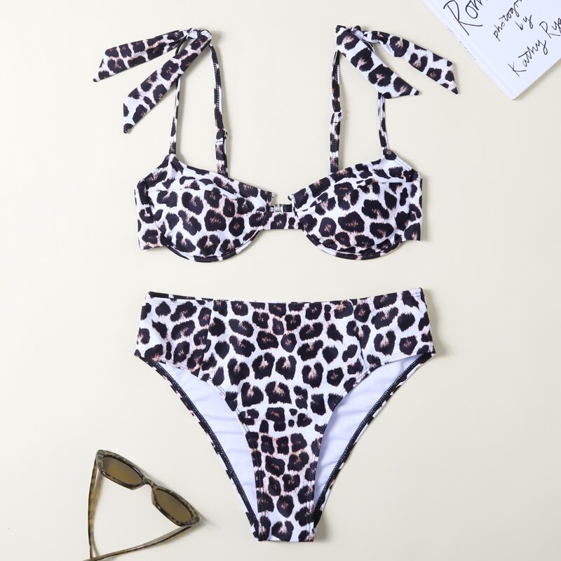 

Leopard Tie Shoulder Push Up Bikini Swimsuit, Multicolor