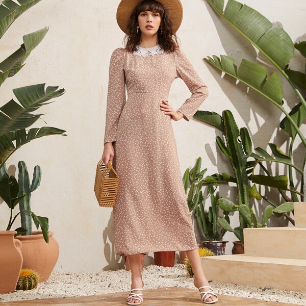 

Contrast Lace Ditsy Floral Dress, Khaki