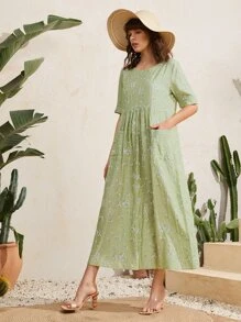 Pocket Front Ditsy Floral Smock Dress - Lime Green - View 1