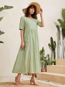 Pocket Front Ditsy Floral Smock Dress - Lime Green - View 5