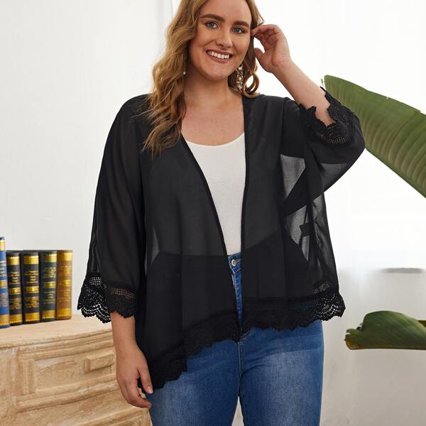 

Plus Contrast Lace Batwing Sleeve Kimono, Black