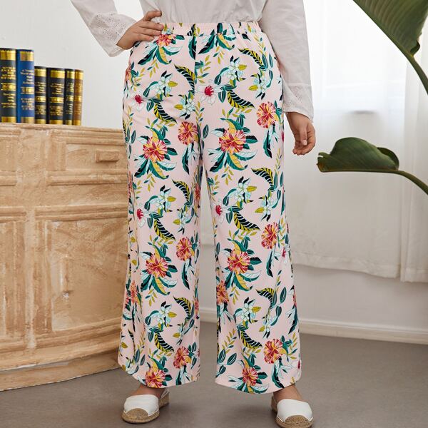

Plus Floral & Leaf Print Wide Leg Pants, Multicolor