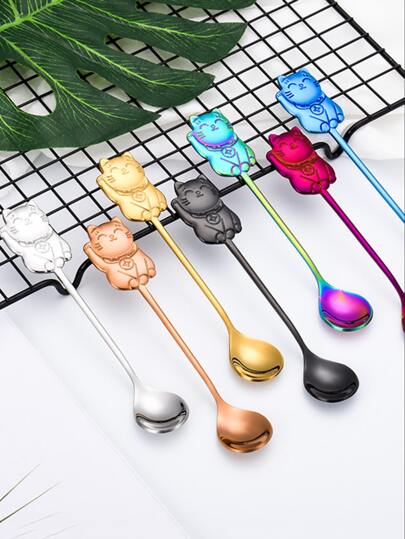 1pc Stainless Steel Maneki-Neko (Lucky Cat) Coffee Spoon, Creative Cartoon Stirring Spoon