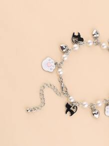 1 件可爱卡通猫爪和人造珍珠和心形吊坠女士手链情人节 - 黑與白 - 查看 2