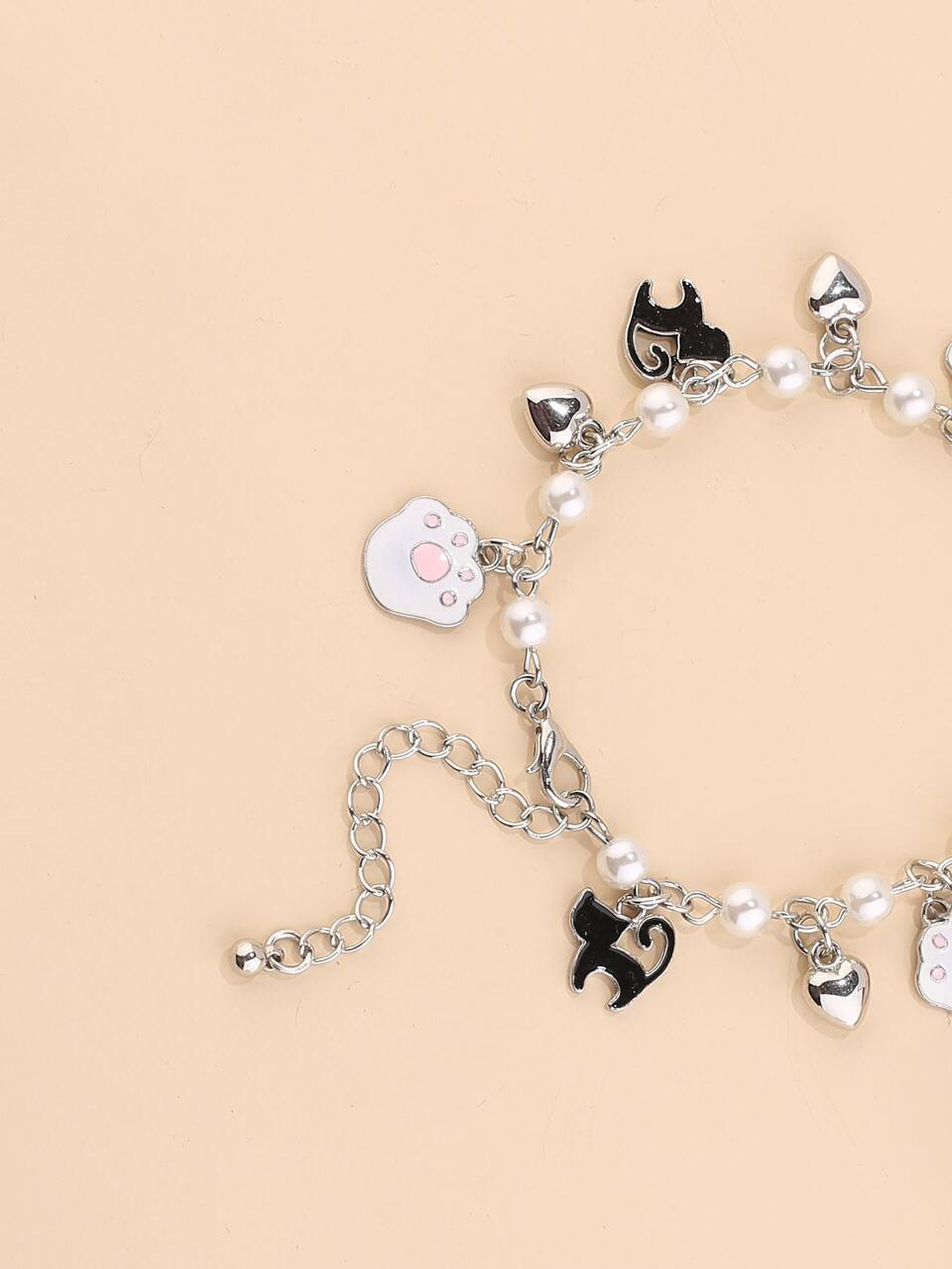 1pc Cute Cartoon Cat Paw & Faux Pearl & Heart Shaped Pendant Women's Bracelet Valentines