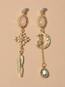 Bông tai thả lá không khớp trang trí mặt trăng - Vàng - Xem 1