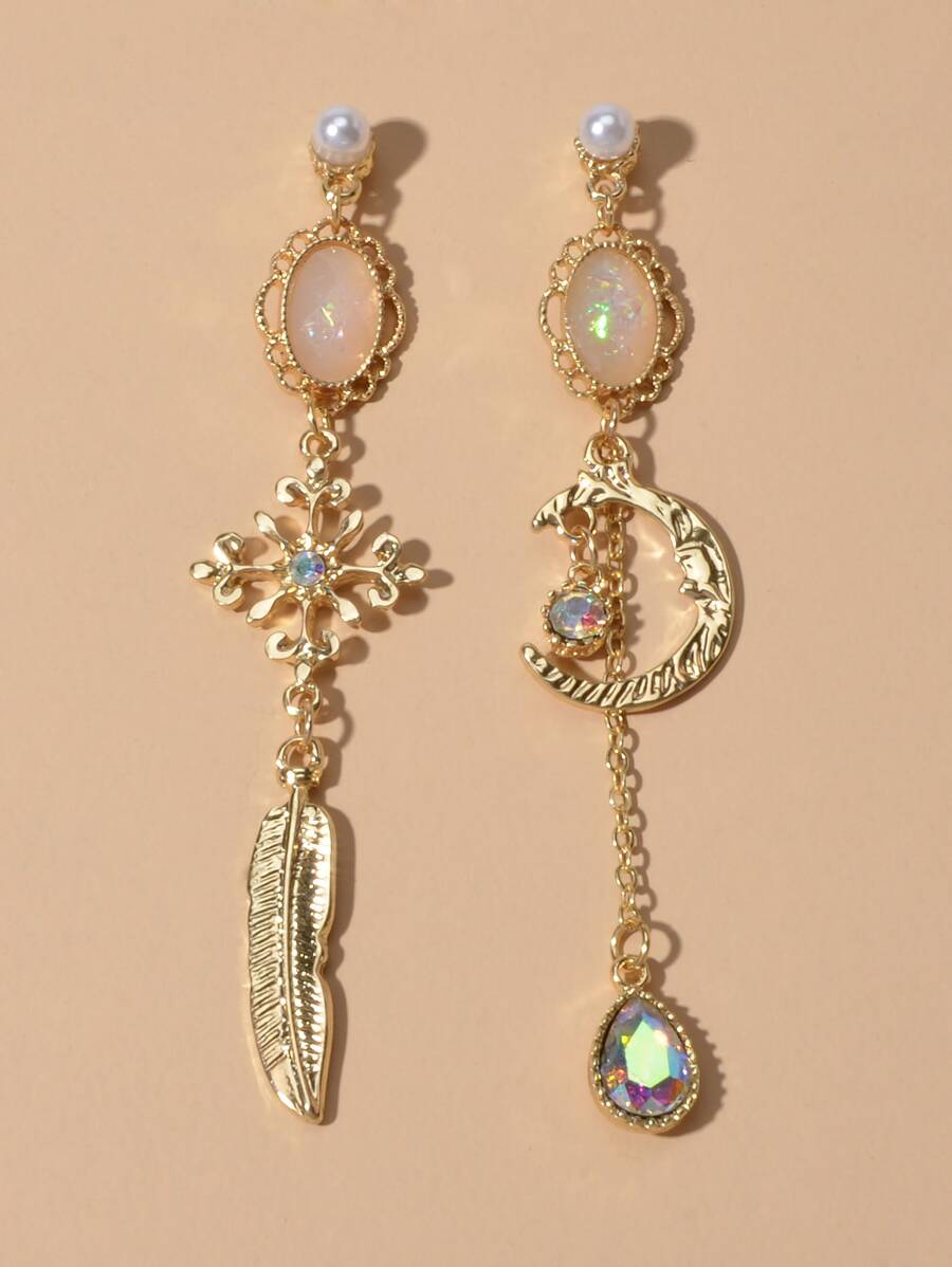 Bông tai thả lá không khớp trang trí mặt trăng - Vàng - Xem 1