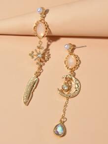 Bông tai thả lá không khớp trang trí mặt trăng - Vàng - Xem 2