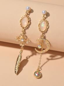 Bông tai thả lá không khớp trang trí mặt trăng - Vàng - Xem 4