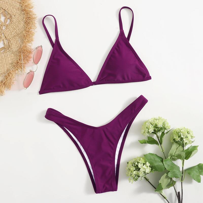 

Solid Triangle High Cut Bikini Swimsuit, Purple