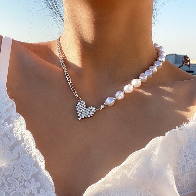 

Rhinestone Heart Charm Necklace, Silver