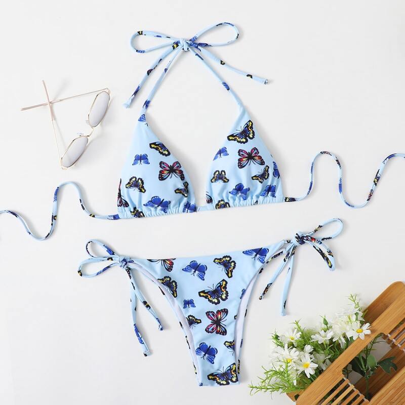

Butterfly Graphic Halter Tie Side Bikini Swimsuit, Baby blue