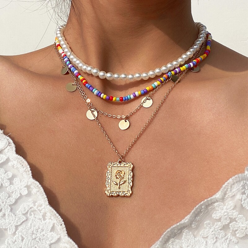 

2pcs Faux Pearl Beaded Necklace, Multicolor