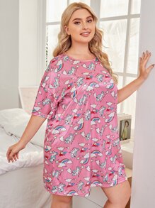 大碼卡通圖案緞面睡衣 - 粉色 - 查看 4