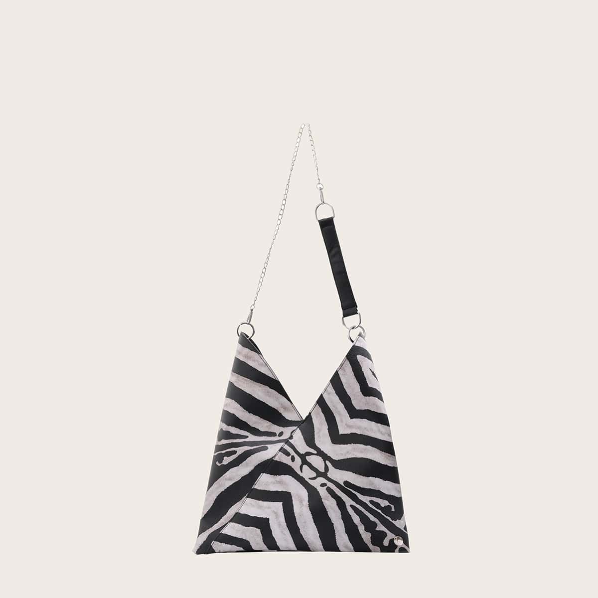 

Zebra Striped Triangle Crossbody Bag, Black and white