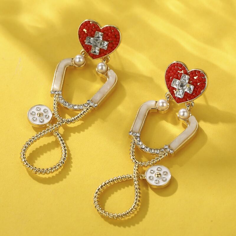 

Stethoscope Rhinestone Drop Earrings, Red