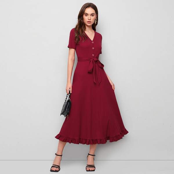 

Buttoned Front Self Belted Ruffle Hem Dress, Burgundy