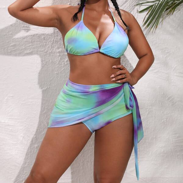 

3pack Plus Tie Dye Triangle Bikini Swimsuit & Beach Skirt, Multicolor