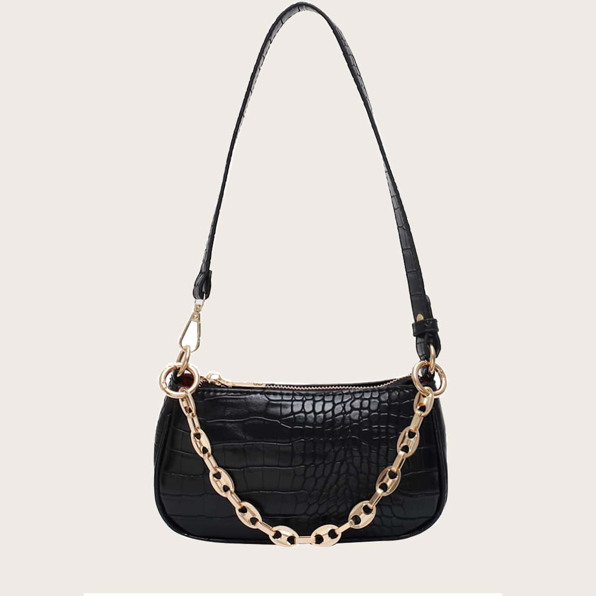 

Croc Embossed Chain Baguette Bag, Black