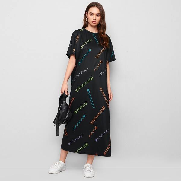 

Drop Shoulder Spring Print Dress, Black