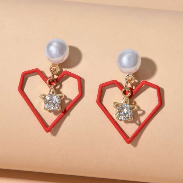 

Faux Pearl Heart Decor Drop Earrings, Red