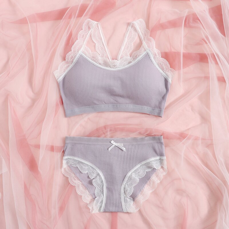 

Contrast Lace Ribbed Bow Lingerie Set, Mauve purple