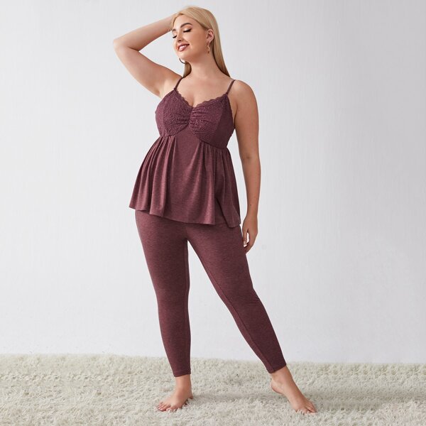 

Plus Lace Ruched Bust Peplum Cami Top & Pants PJ Set, Maroon