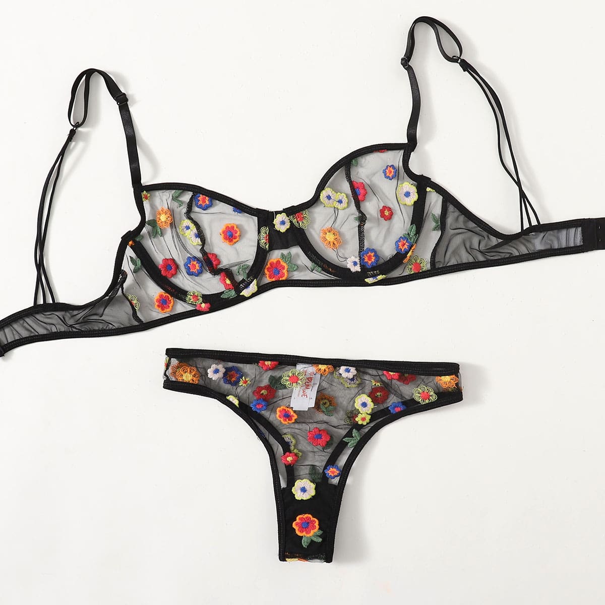 

Flower Embroidery Mesh Lingerie Set, Black