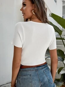 Breezaya Rib-Knit V Neck Crop Top - White - View 2
