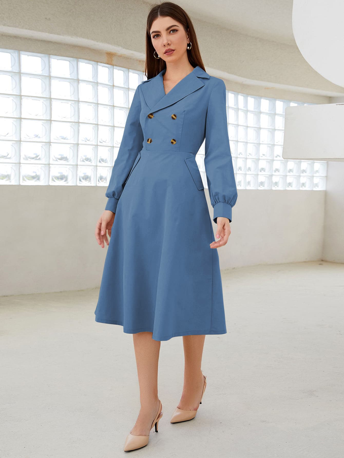 Modelyn Lapel Collar Double Breasted Shirt Dress