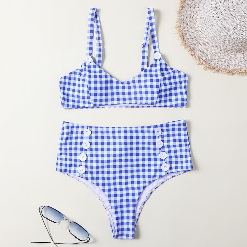 

Gingham Button High Waist Bikini Swimsuit, Blue and white