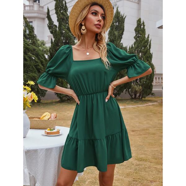 

Solid Square Neck Ruffle Hem Dress, Dark green