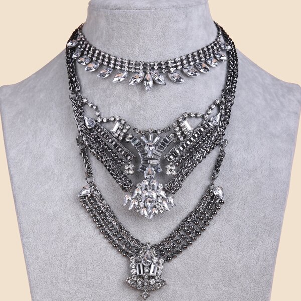 

Rhinestone Decor Layered Necklace, Gun black