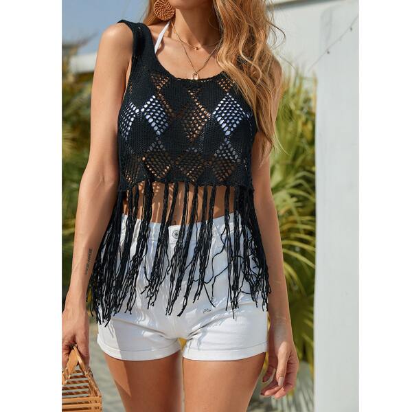 

Fringe Hem Crochet Cover Up, Black