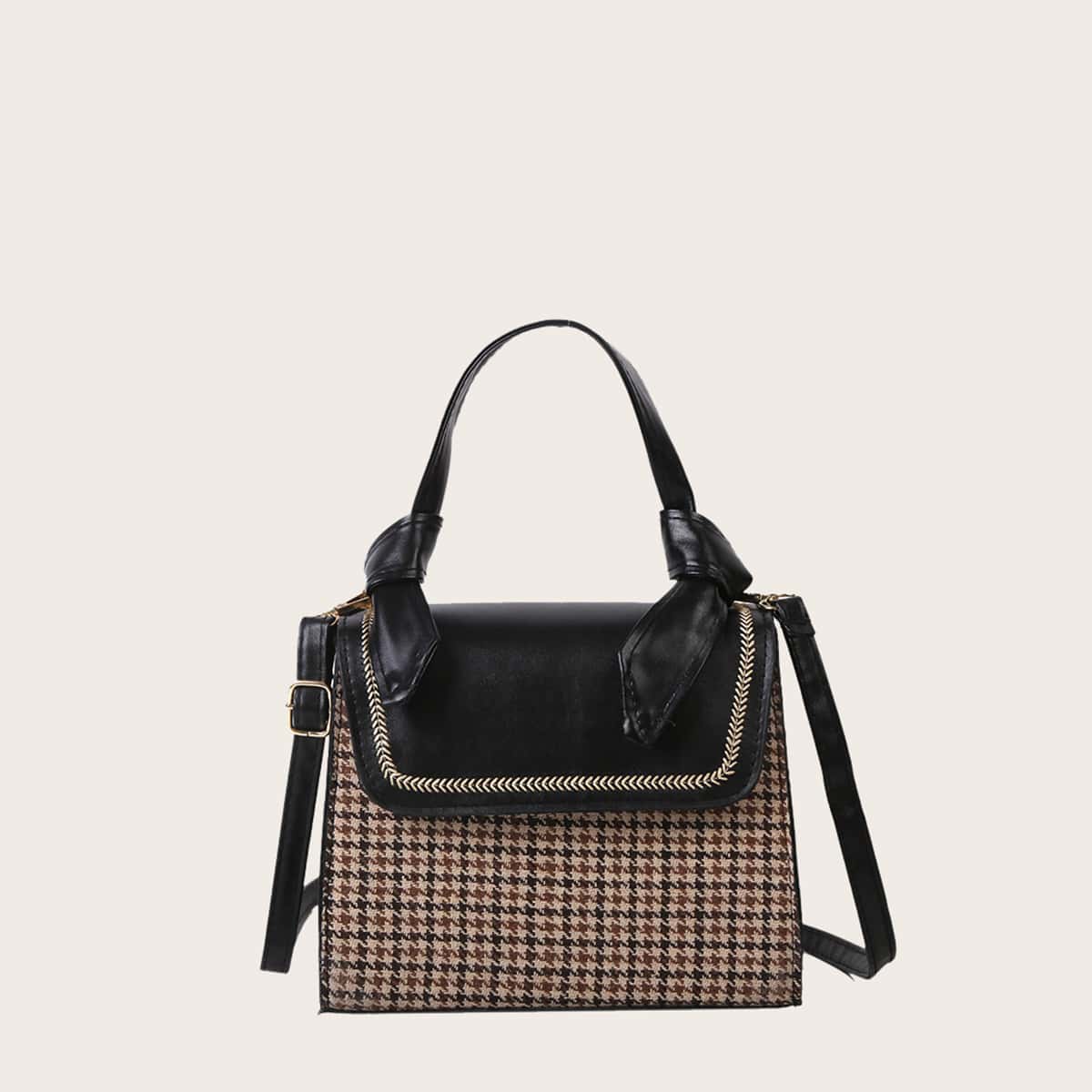 

Houndstooth Knot Handle Satchel Bag, Black