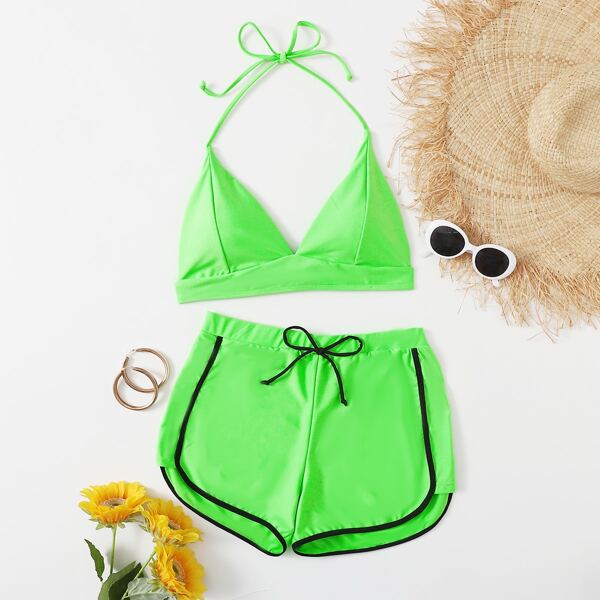 

Plus Contrast Binding Bikini Swimsuit, Green